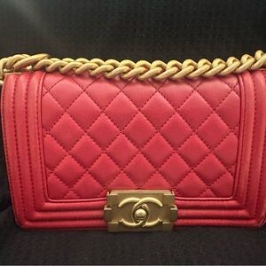CHANEL Red Quilted Boy Flap Bag with Gold Chain and Hardware